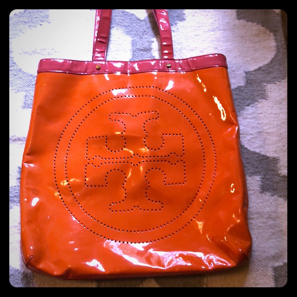 Tory Burch orange and pink patent tote